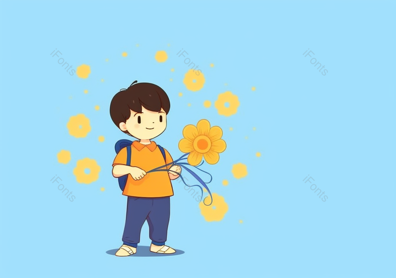 双肩包儿童节节日可爱小孩男孩一个人一枝花简约背景插画,插画/手绘图,插画/手绘图库,插画/手绘图下载,插画/手绘
